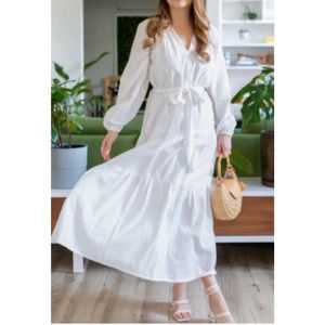 EVEREVE Roan + Ryan Josephina White Maxi Dress Belted with Slip ~ L